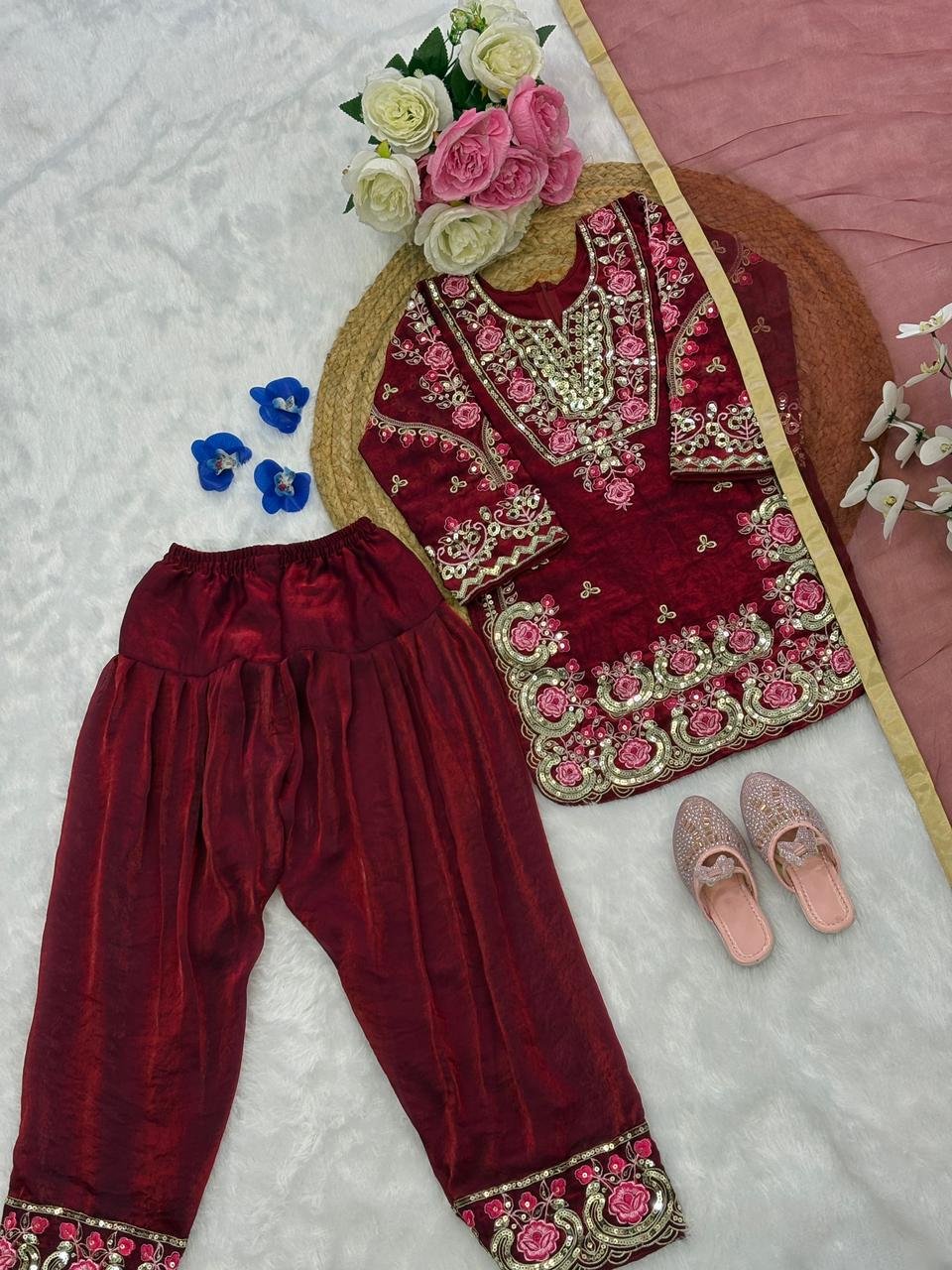 Beautiful Embroidery Sequence Work Ethnic Dress set for  Girls Clothing online India