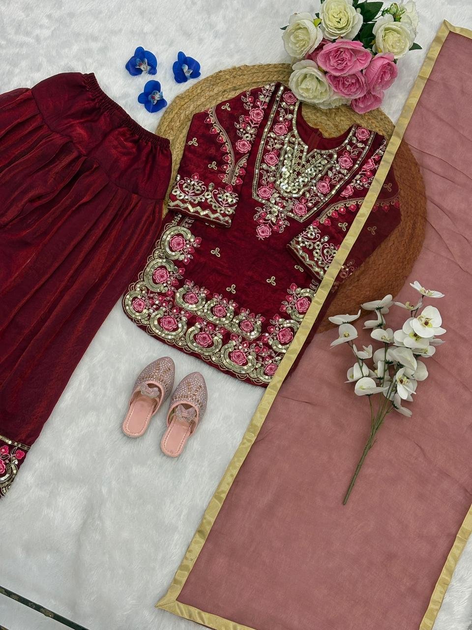 Beautiful Embroidery Sequence Work Ethnic Dress set for  Girls Clothing online India