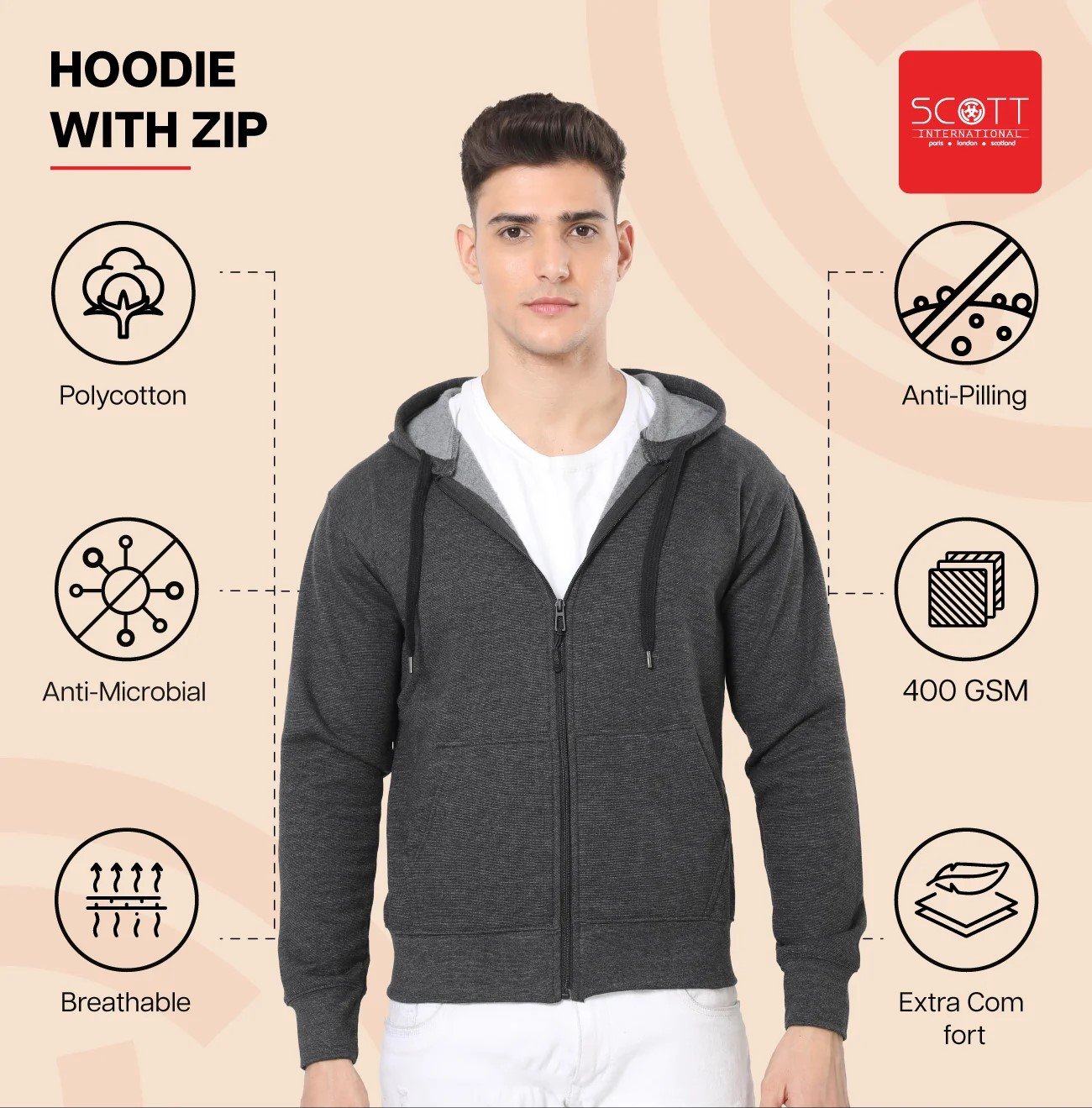 Elegant Black HOODIES WITH ZIP 400GSM for Top Wear online India