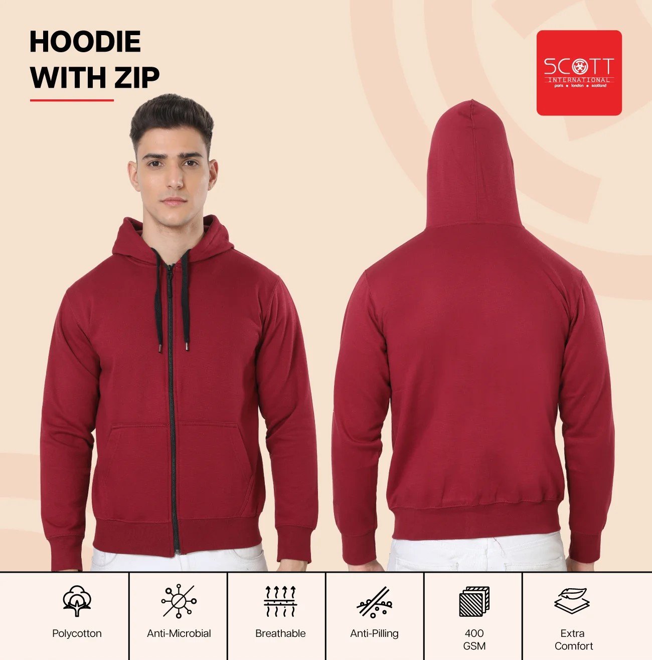 Elegant Black HOODIES WITH ZIP 400GSM for Top Wear online India