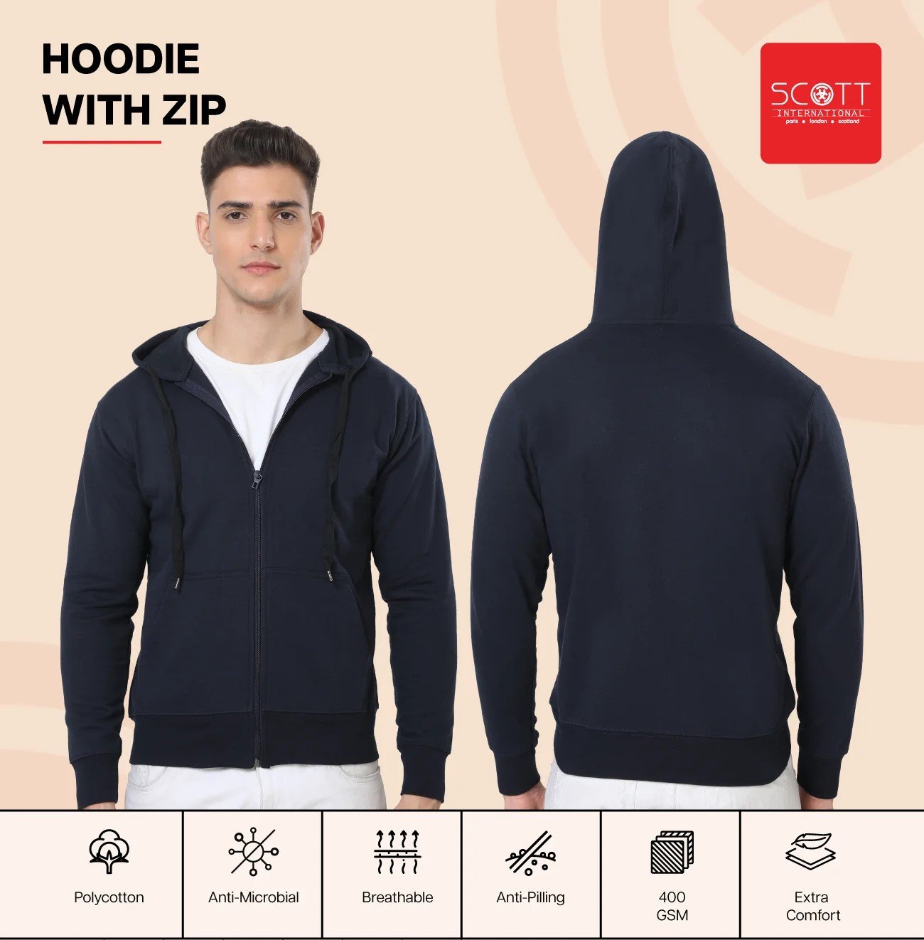 Elegant Black HOODIES WITH ZIP 400GSM for Top Wear online India