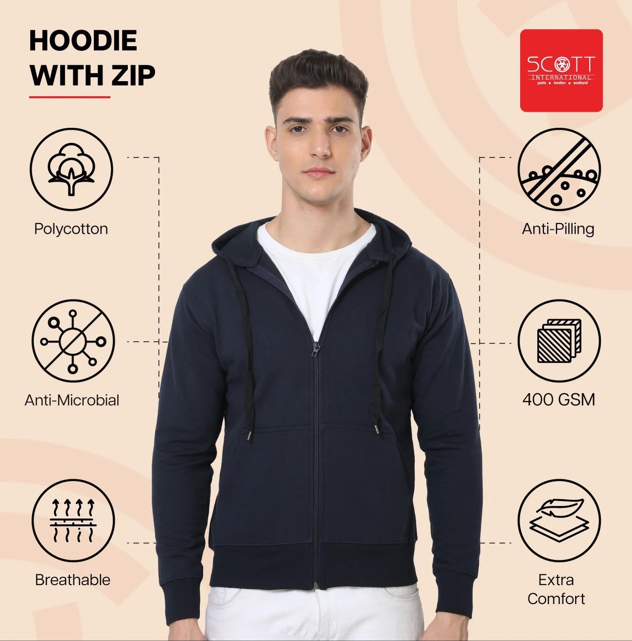 Elegant Black HOODIES WITH ZIP 400GSM for Top Wear online India