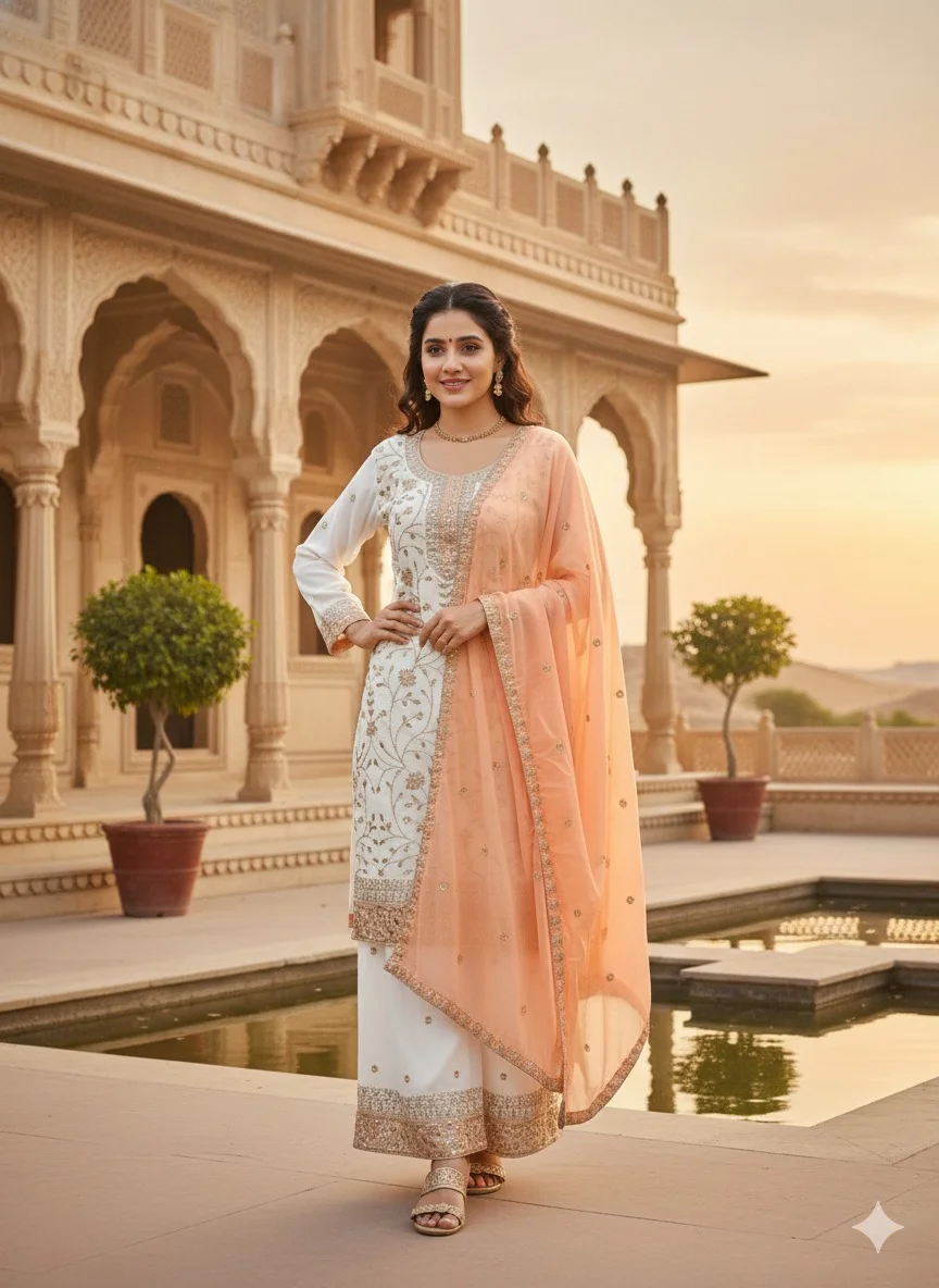 GEORGETTE FABRIC TOP AND PLAZZO WITH DUPATTA SET for Ethnic Wear online India