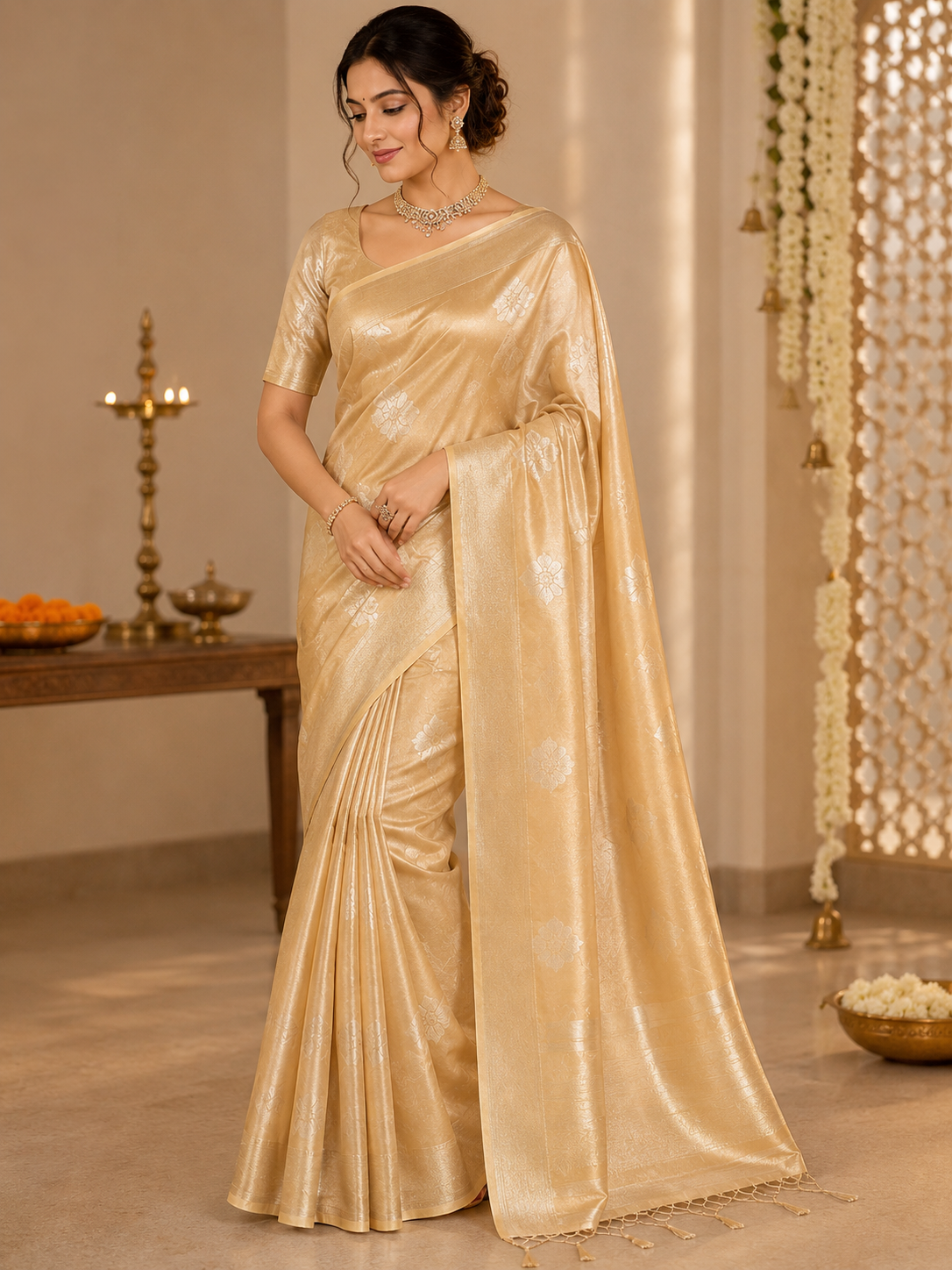 Beige traditional Tissue Matka Saree