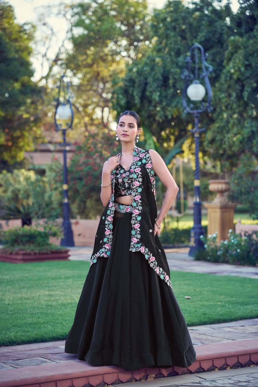Black Embroidery Work Lehenga Set