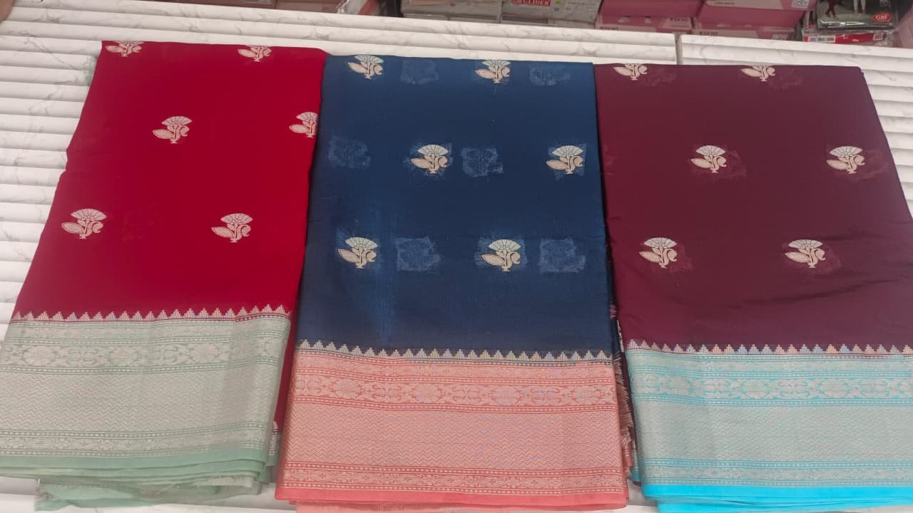 Red Banarasi Style Cotton Silk Saree with Silver Zari Border