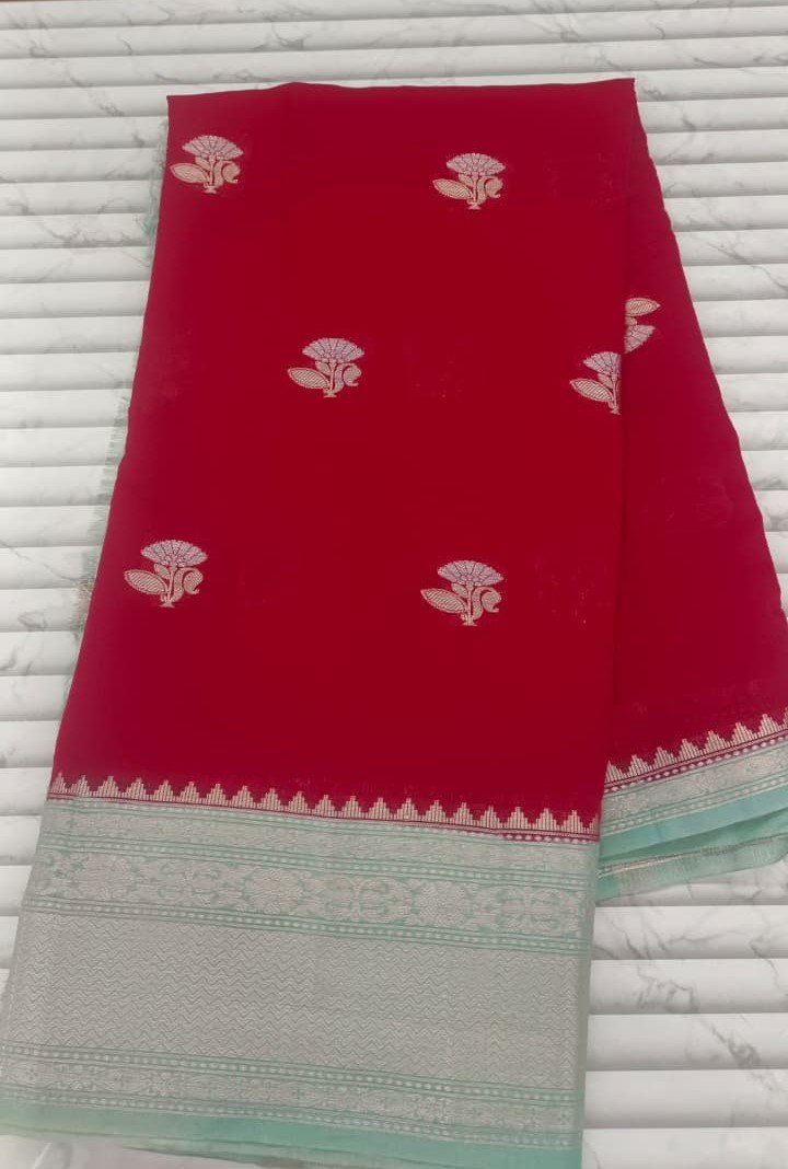 Red Banarasi Style Cotton Silk Saree with Silver Zari Border for Ethnic Wear online India
