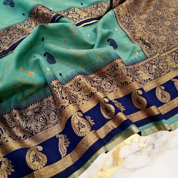 Traditional Aqua Teal Handwoven Mahabalipuram Silk Saree with Navy Blue Antique Gold Zari Border for Ethnic Wear online India