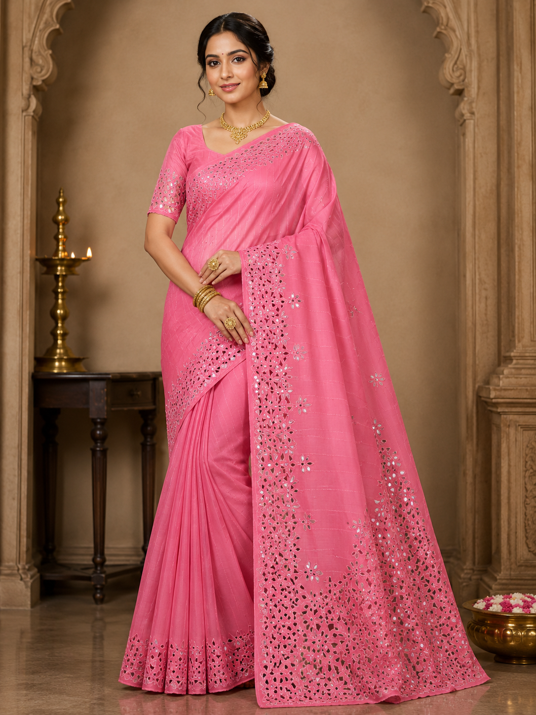 Pink Pure Chiffon Handcrafted Stone Work saree | Bridal Party Wear Saree with Designer Blouse Piece