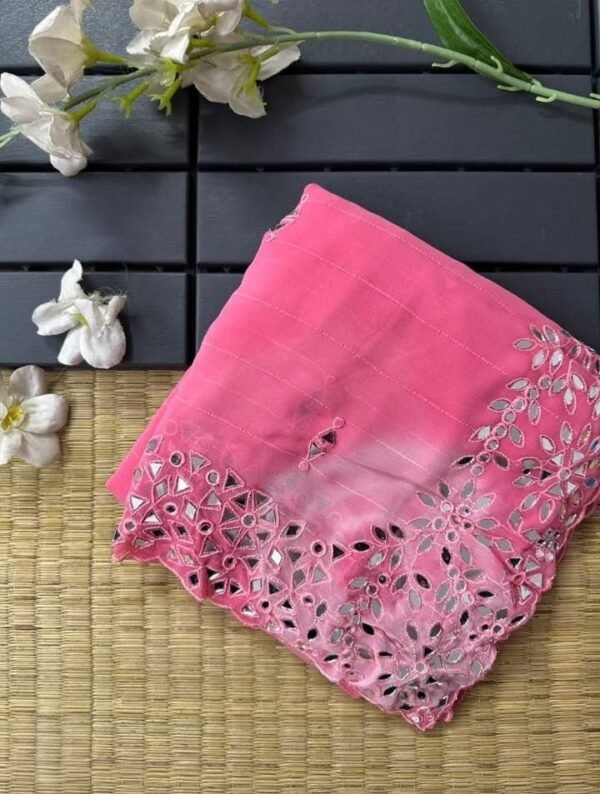 Pink Pure Chiffon Handcrafted Stone Work saree | Bridal Party Wear Saree with Designer Blouse Piece for Ethnic Wear online India