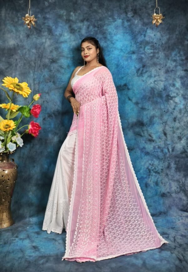 Stylish Two-Tone Handcrafted Hakoba Saree in Light Pink & White – Embroidered with Sequins
