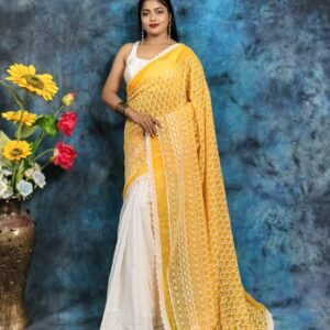 Stylish Two-Tone Handcrafted Hakoba Saree in Light Pink & White – Embroidered with Sequins for Ethnic Wear online India