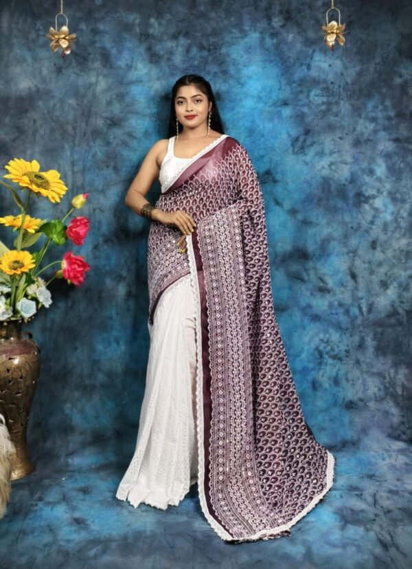 Stylish Two-Tone Handcrafted Hakoba Saree in Light Pink & White – Embroidered with Sequins for Ethnic Wear online India