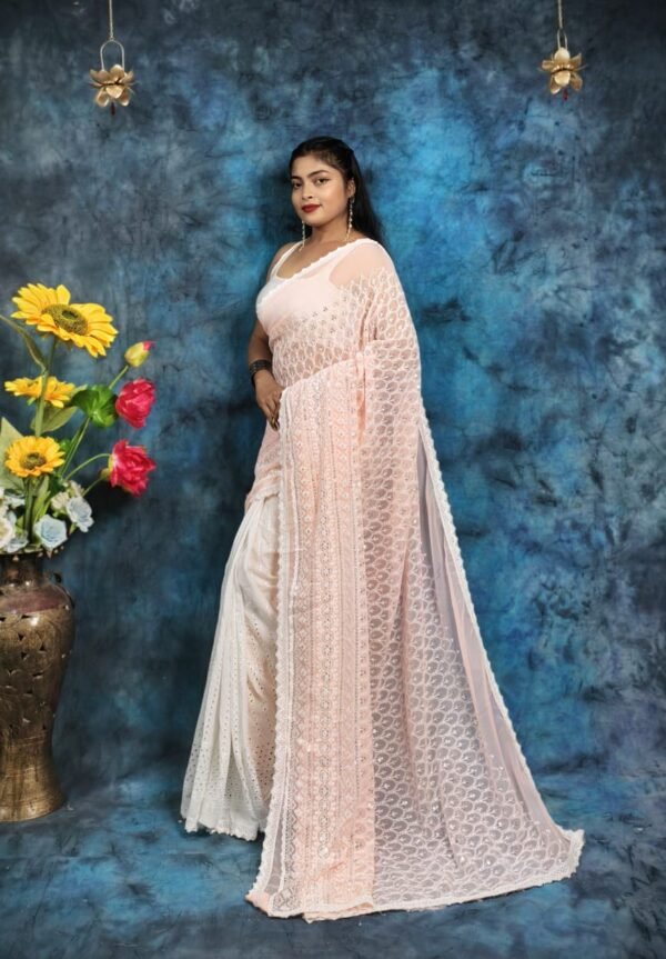Stylish Two-Tone Handcrafted Hakoba Saree in Light Pink & White – Embroidered with Sequins for Ethnic Wear online India