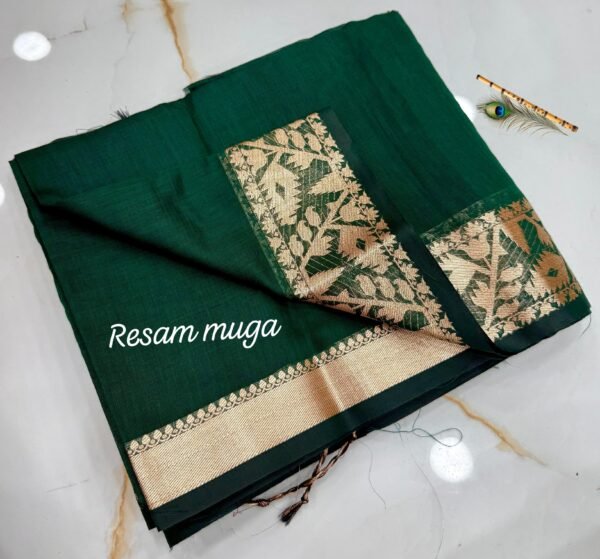 Handcrafted Luxury Black Pure Resham Muga Silk Saree with Antique Gold Zari Woven Border & Blouse Piece for Ethnic Wear online India