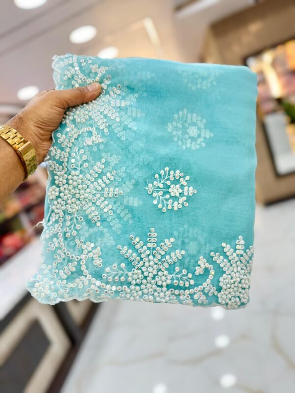 Stunning Silk Saree with Hand Embroidery & Pearl Handwork | Designer Embroidered Blouse Piece for Ethnic Wear online India