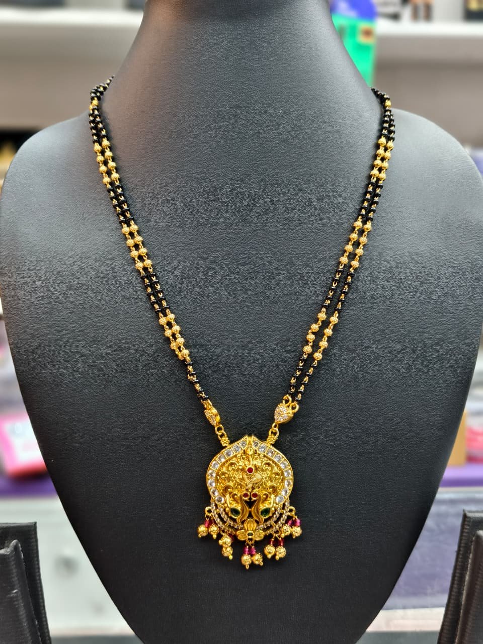 Nakshi Antique Polish Gold Plated Black Beads Mangal sutra Necklace with Designer Pendant 20" Inch