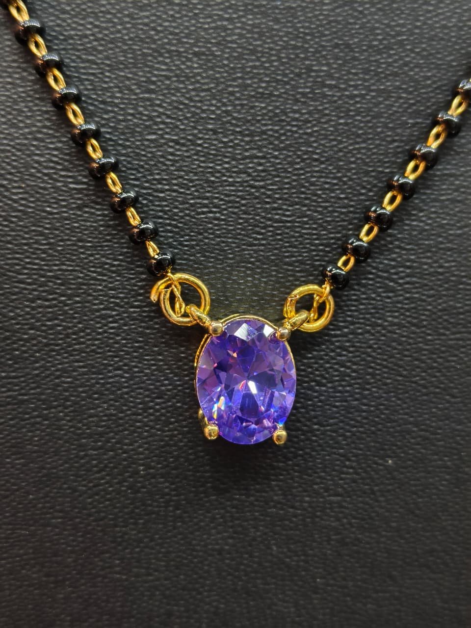 GJ Polish Black Beads Mangal sutra with Oval Purple Stone Pendant | Minimal Daily Wear Traditional Necklace for Women 18inch for Jewellery online India