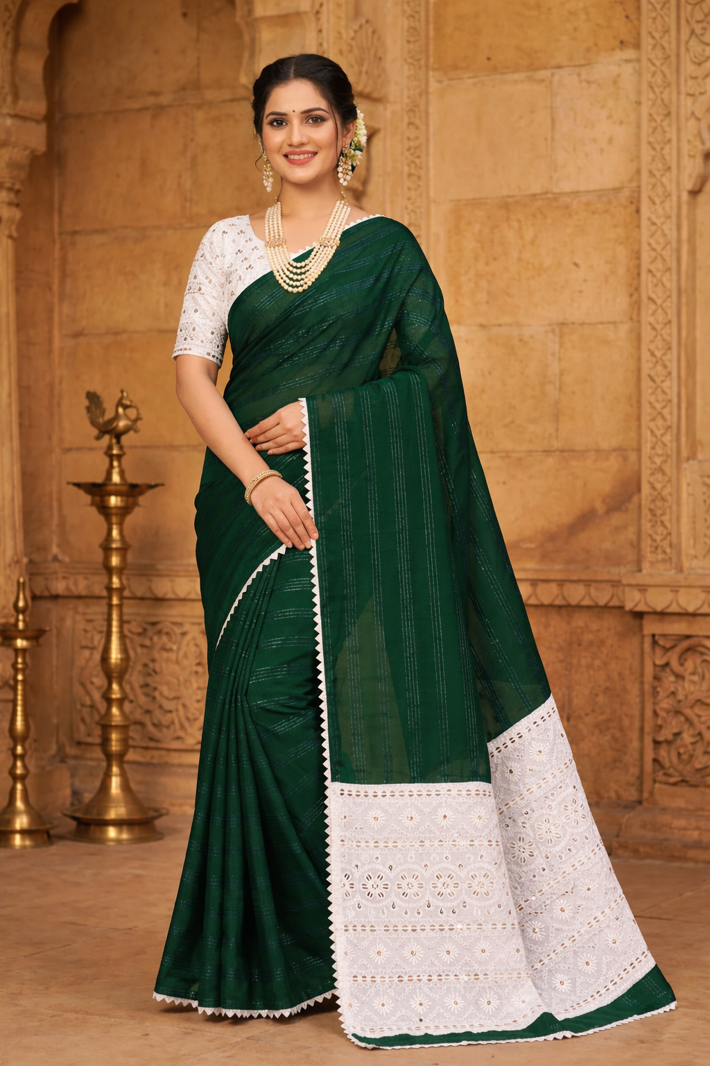Elegant Linen Cotton Saree for Women with White Embroidered Border