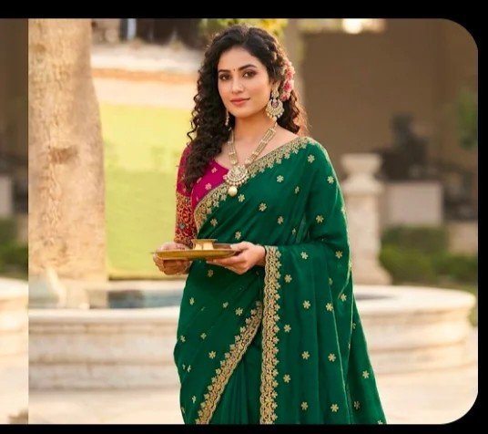 Designer Silk Blend Saree with Scalloped Zari Border & Contrast Blouse for Women