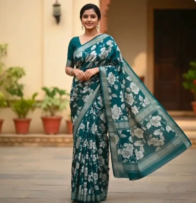 Elegant Teal Blue Floral Printed Saree with Silver Border