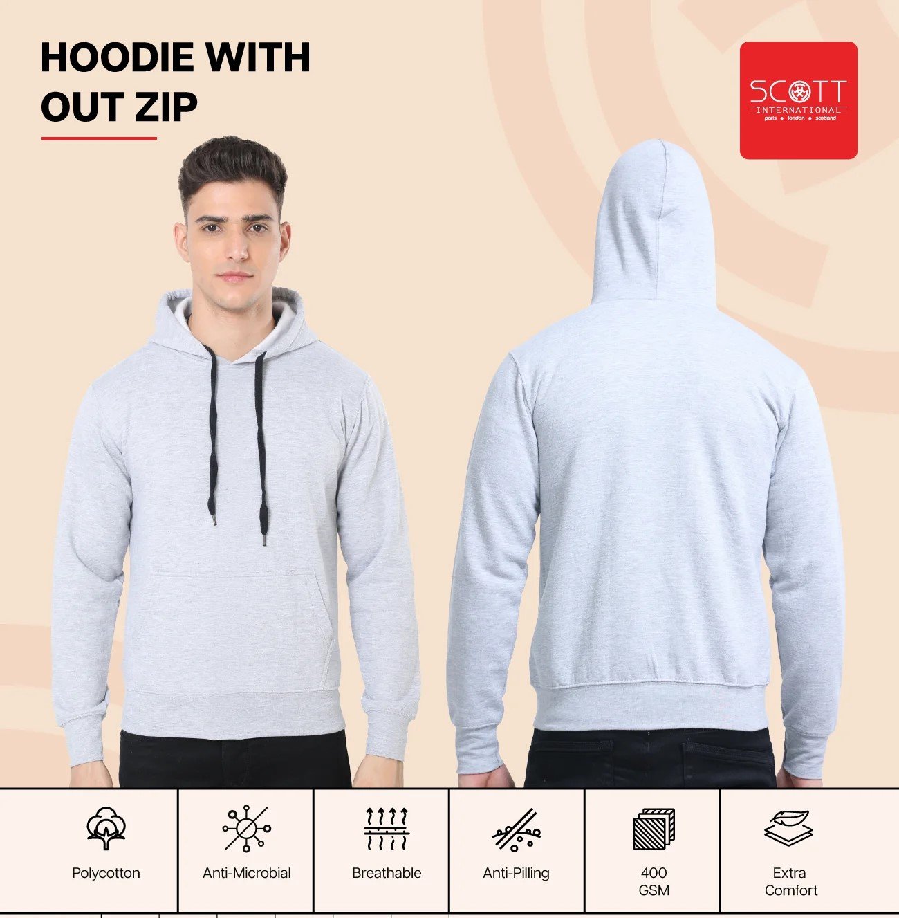 Grey Melange HOODIES WITHOUT ZIP 400 GSM
