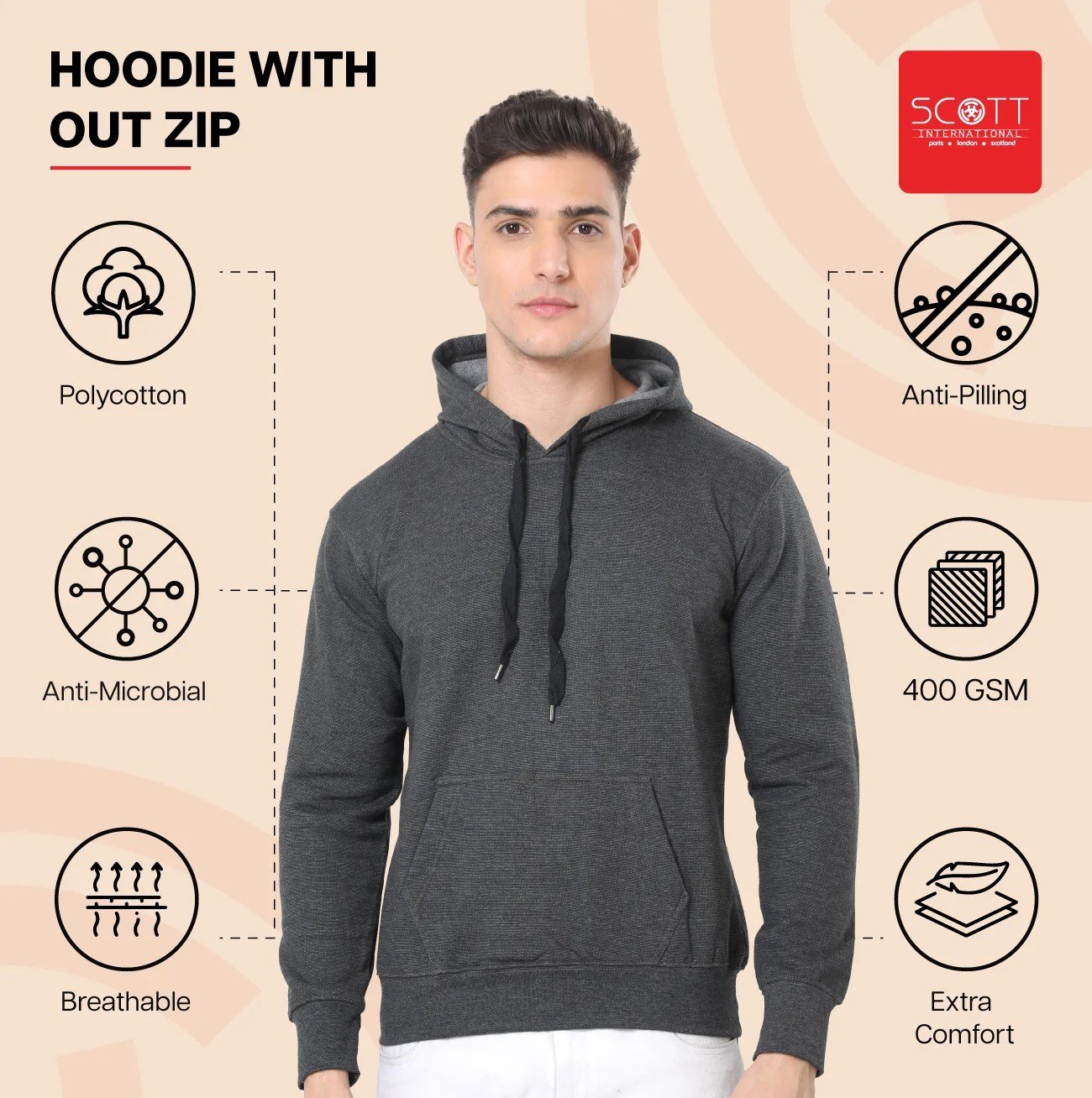 Grey Melange HOODIES WITHOUT ZIP 400 GSM for Top Wear online India