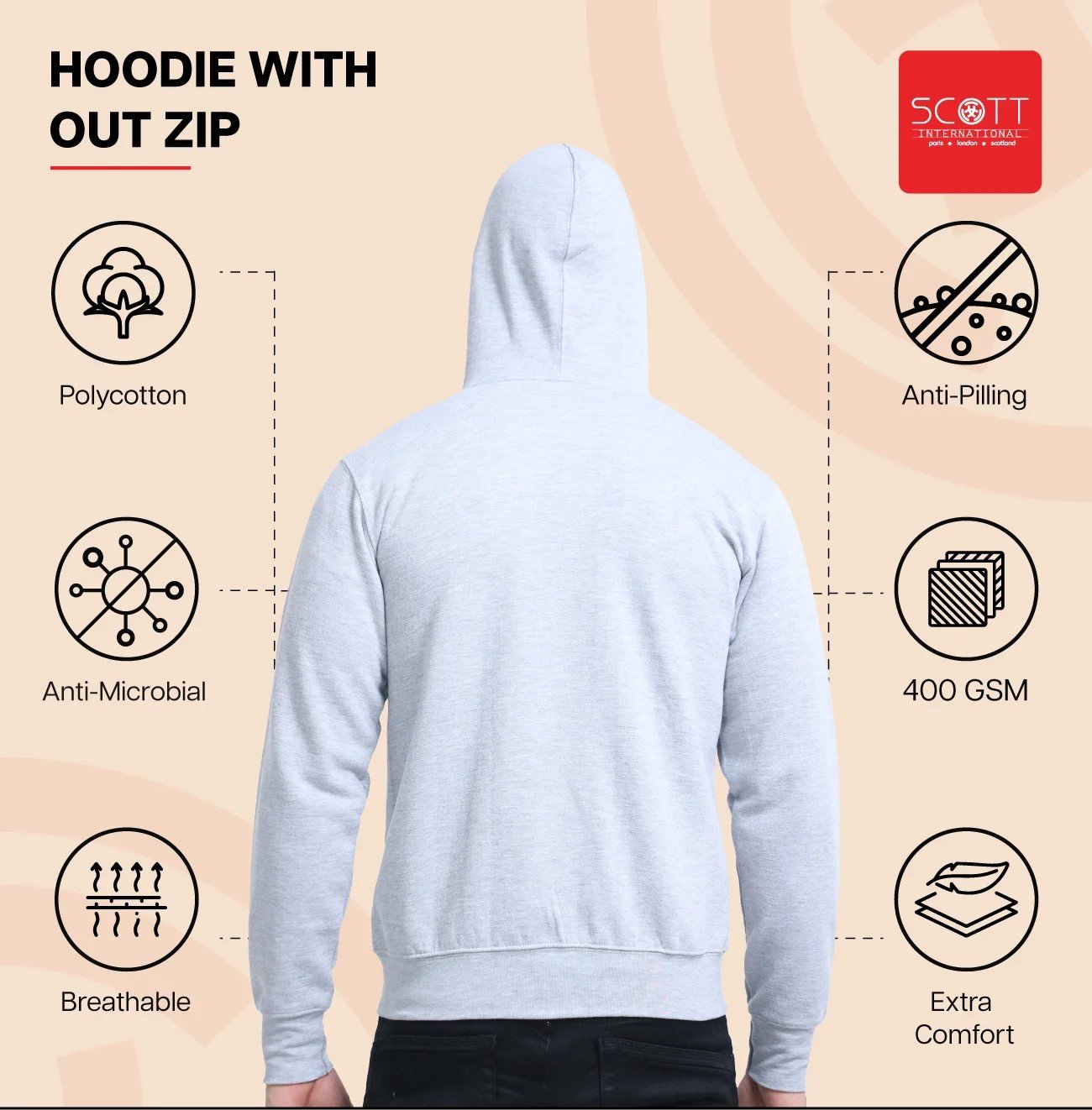 Grey Melange HOODIES WITHOUT ZIP 400 GSM for Top Wear online India