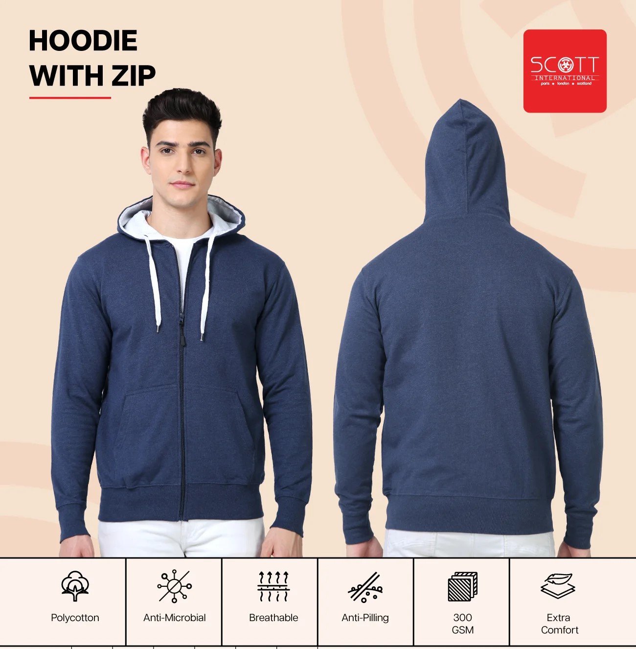 Stylish Navy Melange HOODIES WITH ZIP 300 GSM