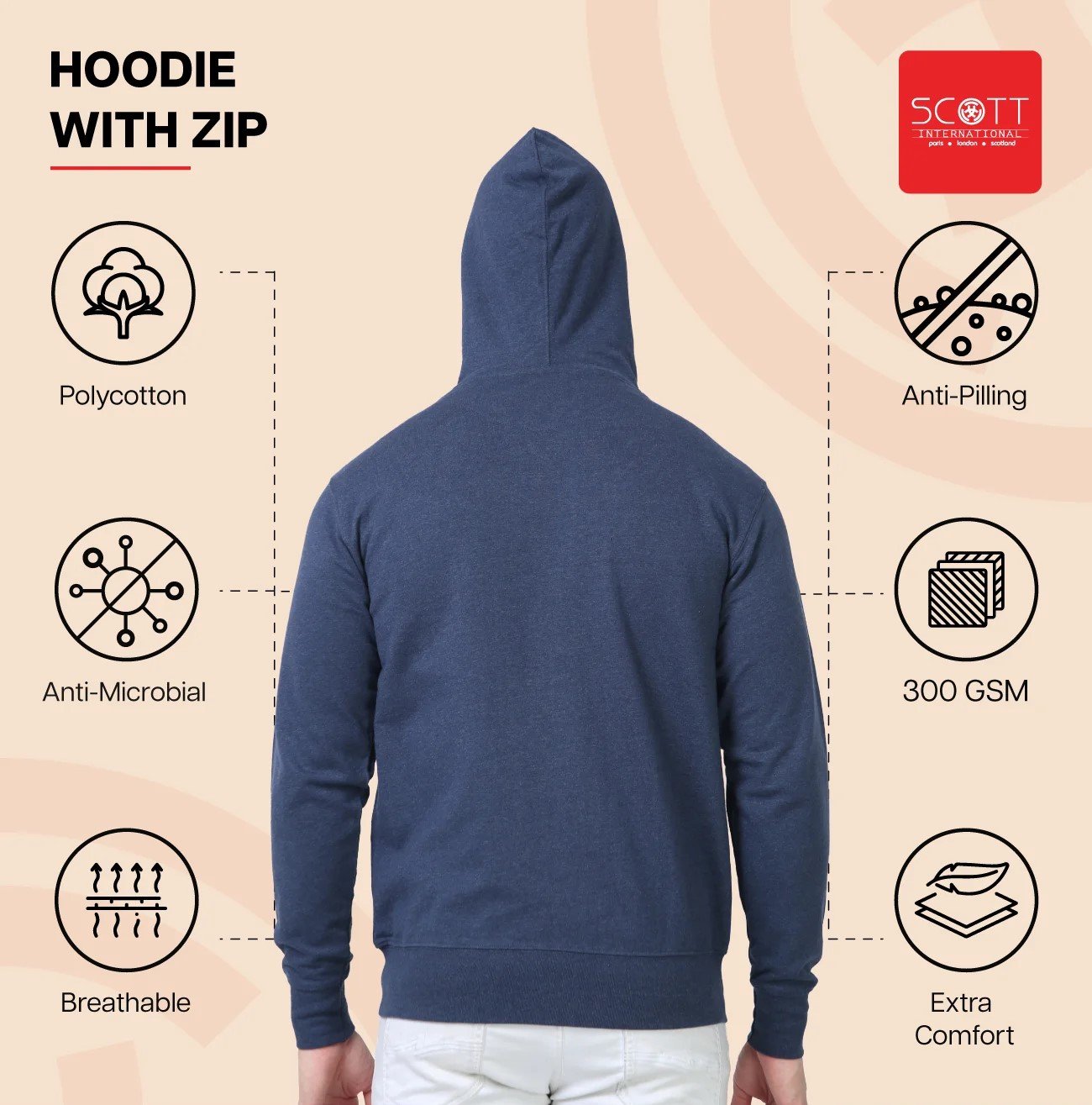 Stylish Navy Melange HOODIES WITH ZIP 300 GSM for Top Wear online India