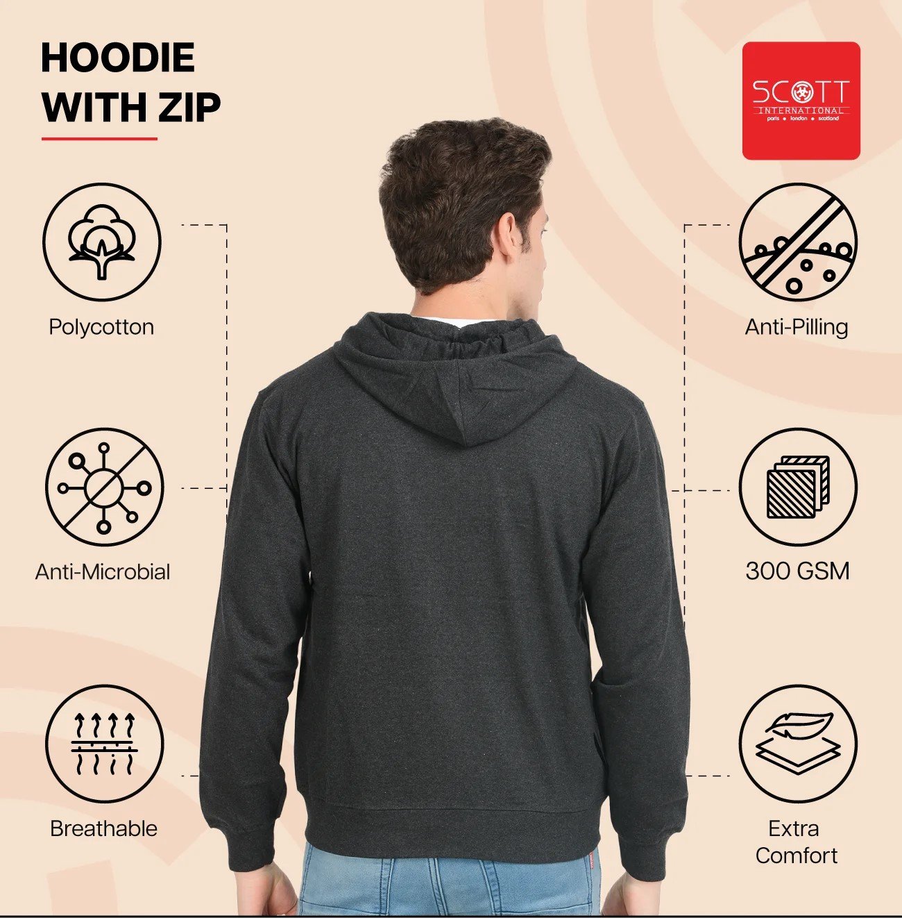 Stylish Navy Melange HOODIES WITH ZIP 300 GSM for Top Wear online India