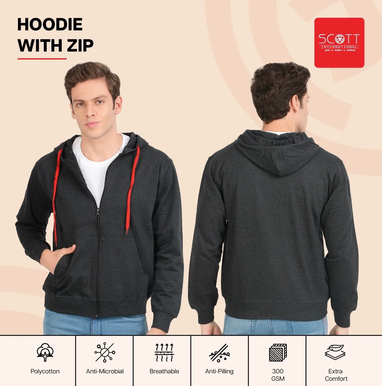 Stylish Navy Melange HOODIES WITH ZIP 300 GSM for Top Wear online India