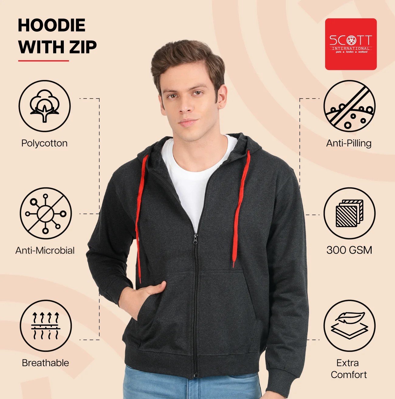 Stylish Navy Melange HOODIES WITH ZIP 300 GSM for Top Wear online India