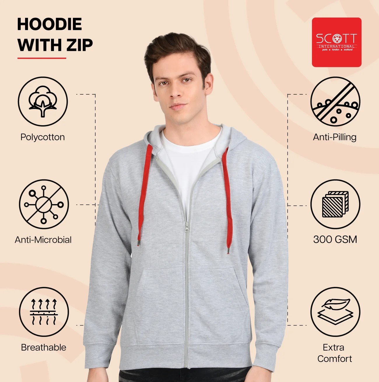 Stylish Navy Melange HOODIES WITH ZIP 300 GSM for Top Wear online India