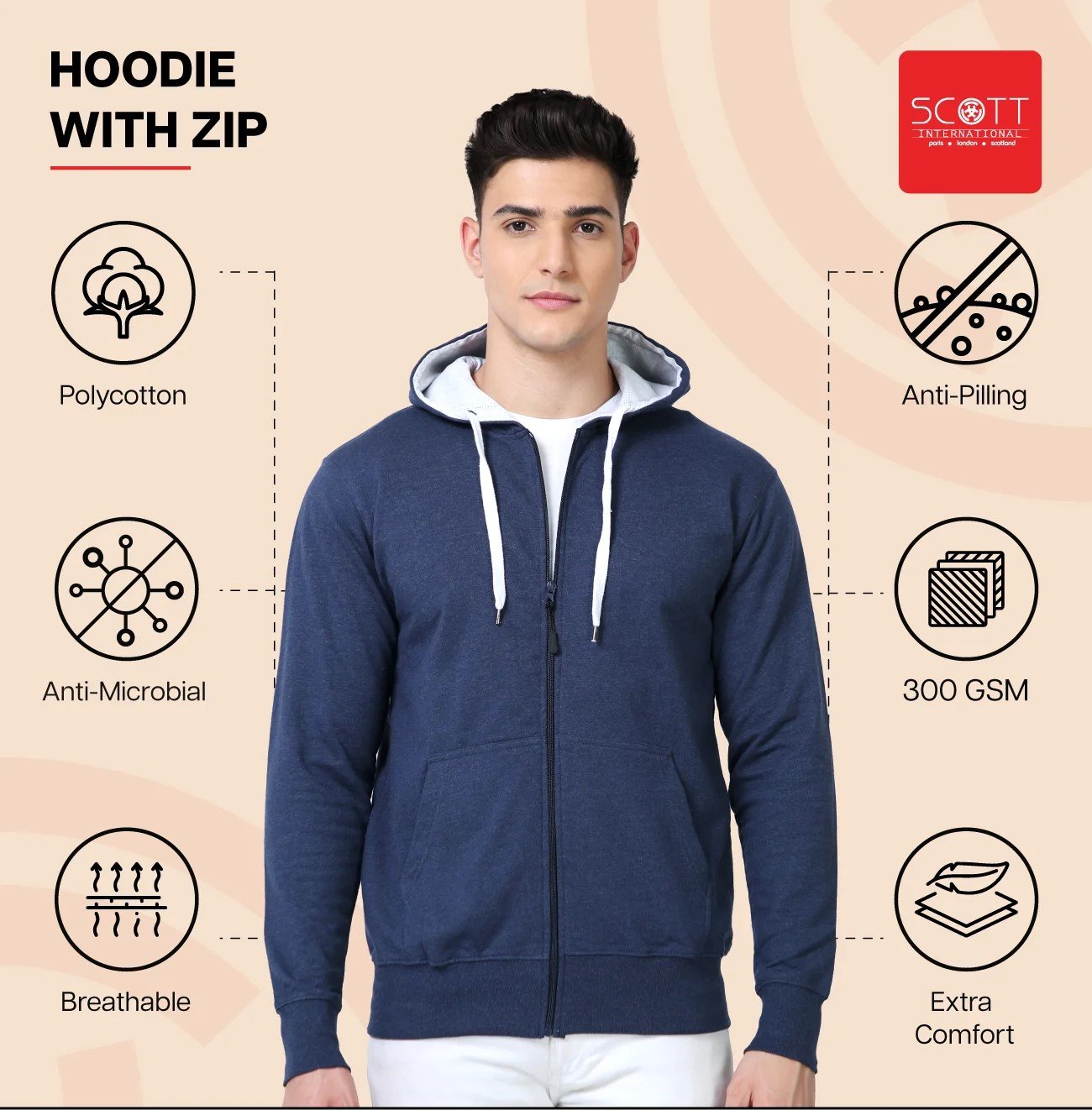 Stylish Navy Melange HOODIES WITH ZIP 300 GSM for Top Wear online India