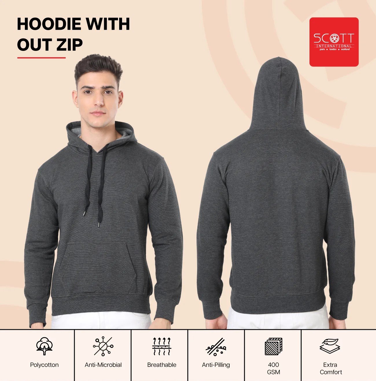 Elegant Charcoal HOODIES WITHOUT ZIP 400GSM for Top Wear online India