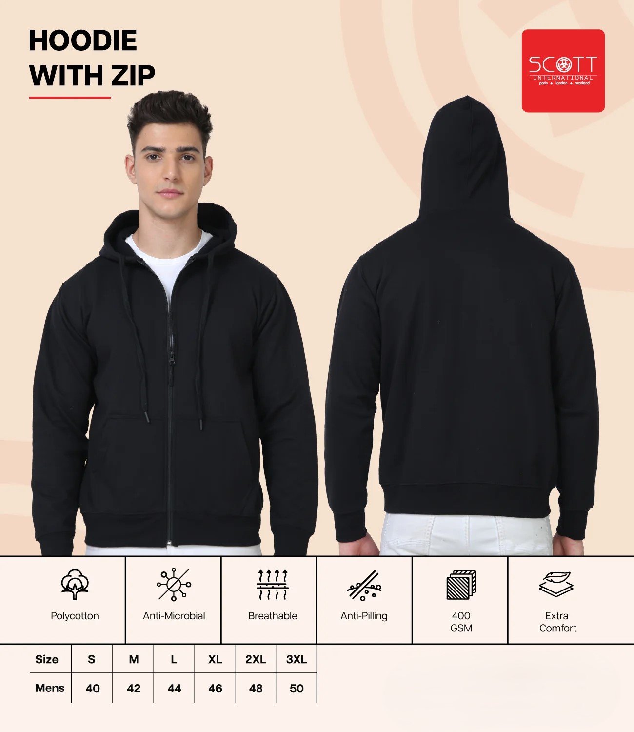 Elegant Black HOODIES WITH ZIP 400GSM for Top Wear online India