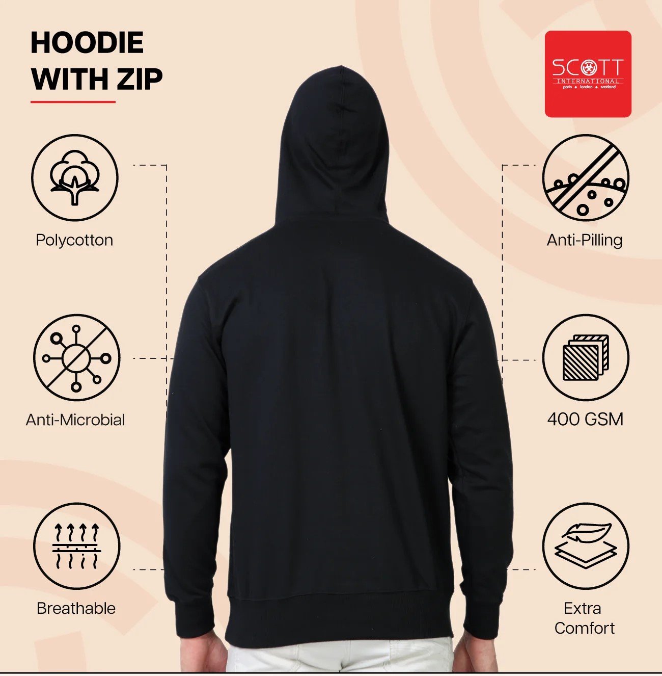 Elegant Black HOODIES WITH ZIP 400GSM for Top Wear online India