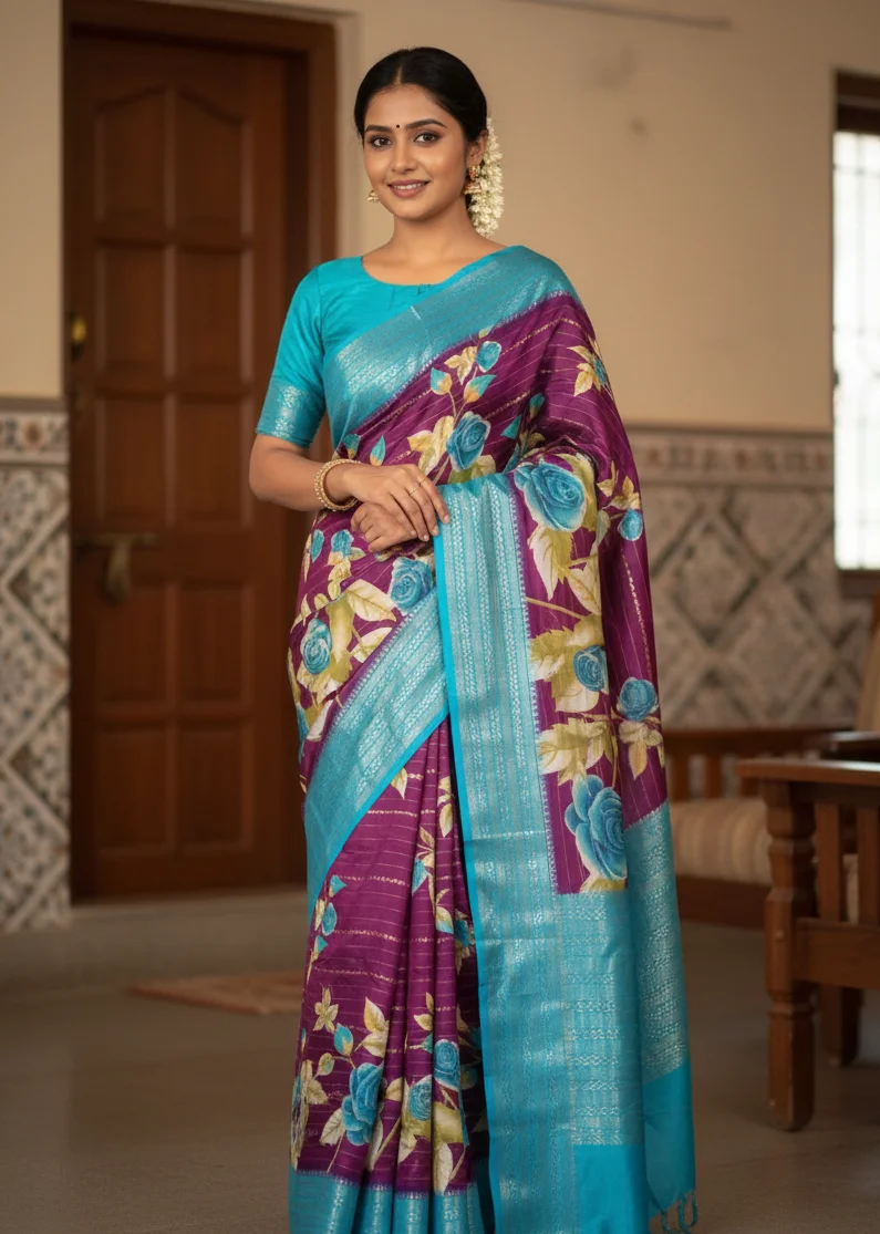 Purple Floral Printed Saree with Turquoise Blue Contrast Border & Pallu