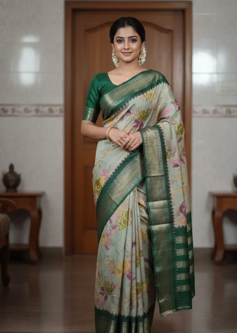 Pastel Green Floral Printed Saree with Dark Green Zari Border