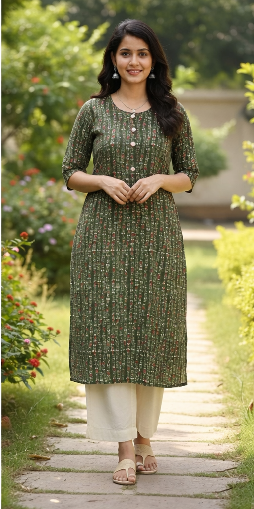 Women Floral Printed Straight Kurti (Green)