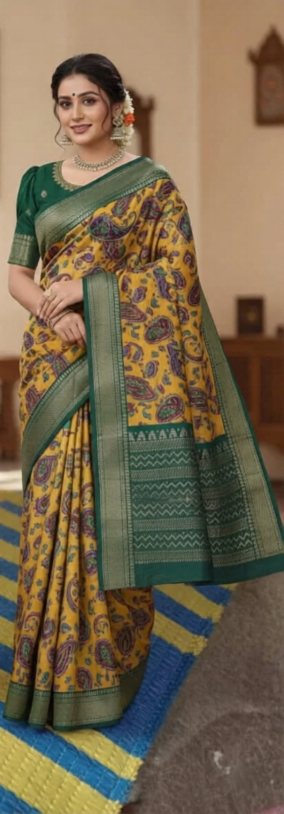Traditional Banarasi Silk Saree With Floral Kalamkari Print for Ethnic Wear online India