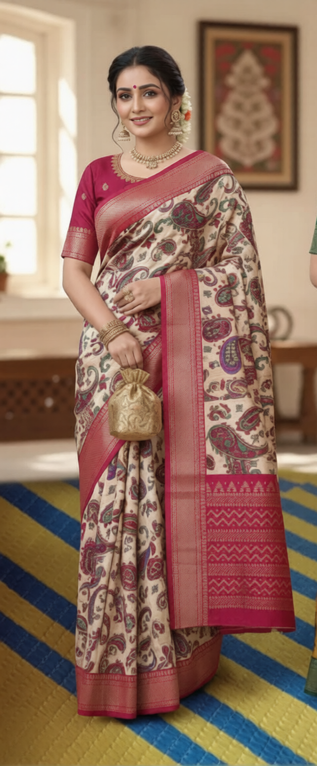 Traditional Banarasi Silk Saree With Floral Kalamkari Print for Ethnic Wear online India