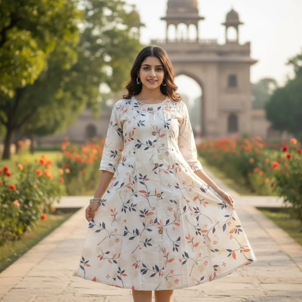 Women's Cream Anarkali Style Kurta | Anarkali Style Printed Border Kurta Dress