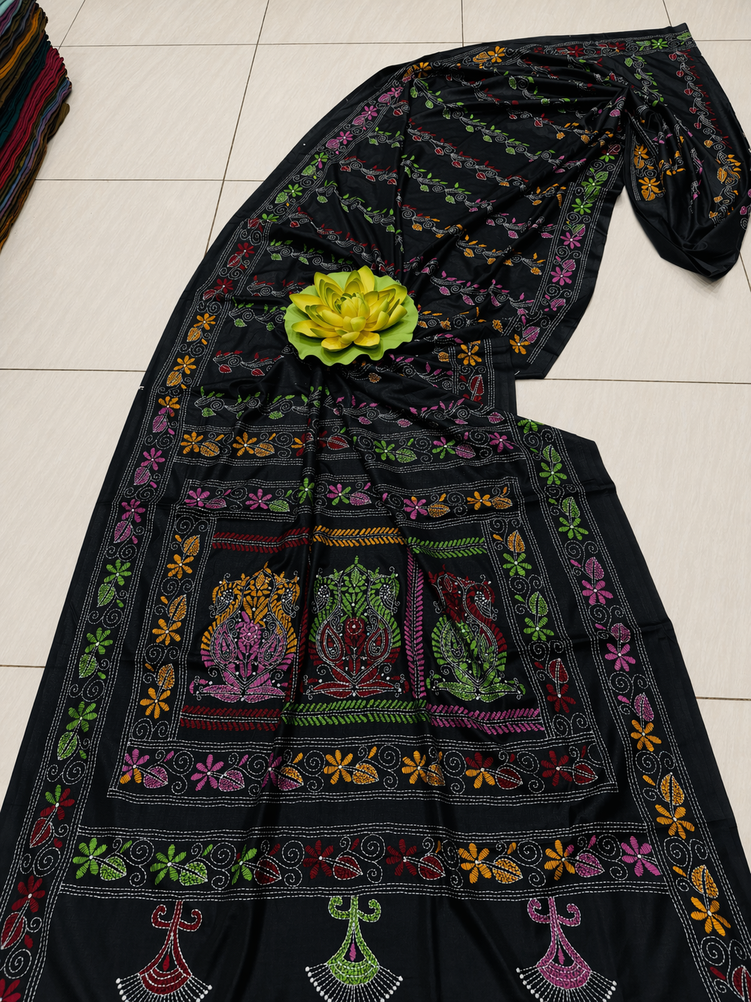 Assam Silk Saree with Vibrant Multicolor Kantha Hand Embroidery for Ethnic Wear online India