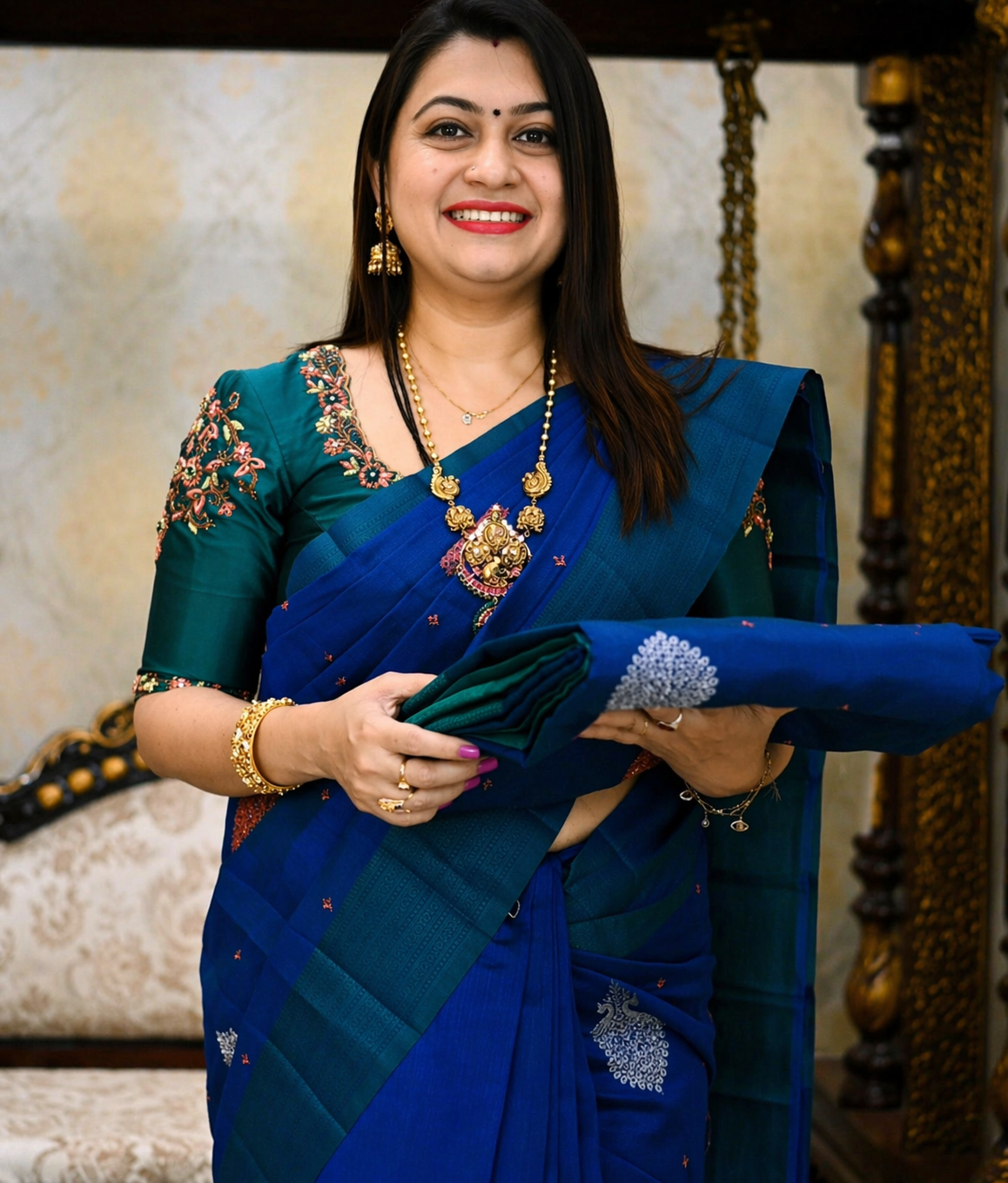Banana Pith Saree with Embroidery Work Blue  | Celebrity Saree with Raw Silk With Peacock Copper And Silver Zari