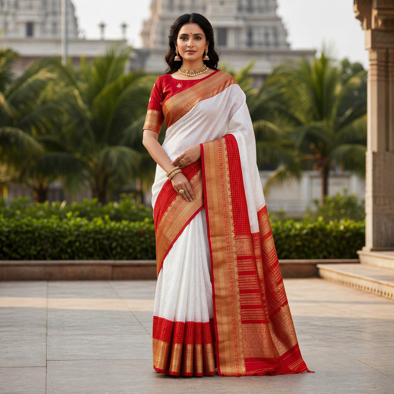 White and Red 2D Mysore Crepe Soft Silk Saree