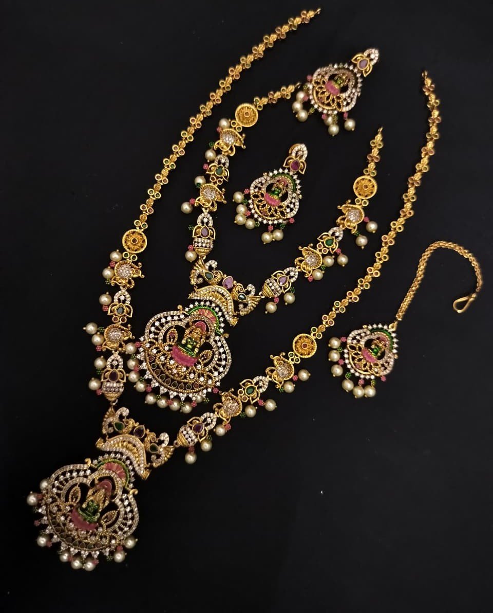 1 Gram Gold Plated Jewellery Set with Lakshmi Motif & Pearl Drops