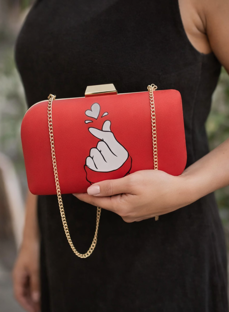 Red Heart Gesture Designer Clutch Bag | Valentine Love Special Red Satin Clutch Bag