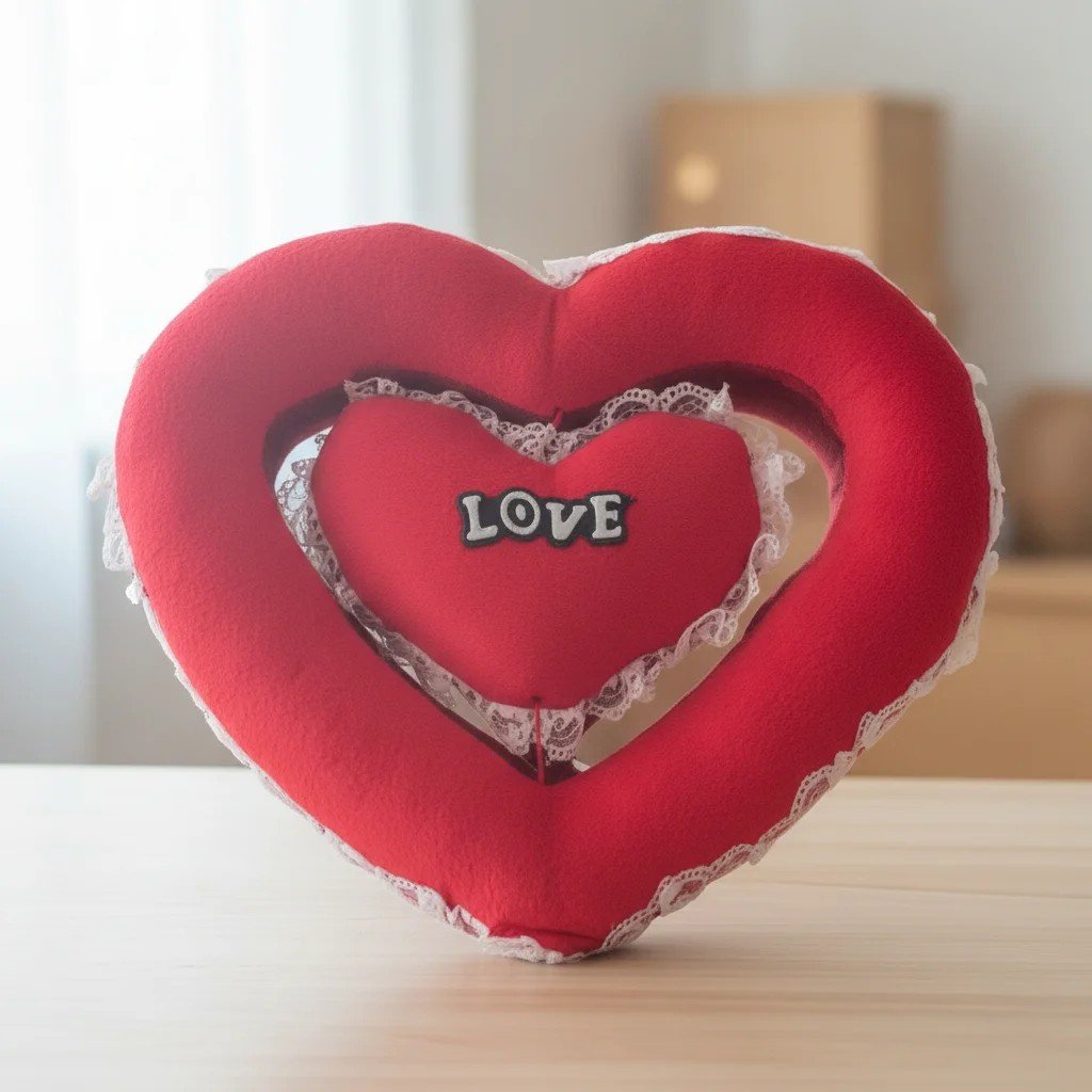 Premium Red Heart-in-Heart Plush Pillow – Romantic Velvet Throw Cushion with White Lace Trim for Gifts for Couples online India